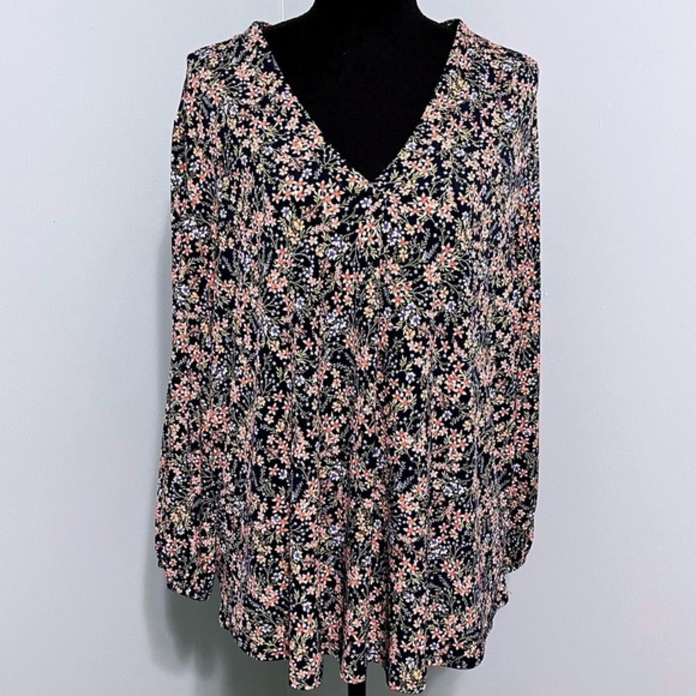 Vince Camuto Navy Floral V-Neck Long Sleeve Blouse XL Orange Yellow Print Top‎